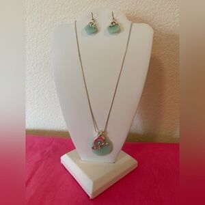Green Jade  Necklace and Earrings Set Pierced 16” Silver Necklace